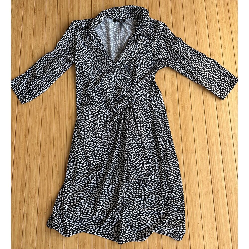 S.L. Fashions Black & White Dot Print Ruched Front Dress – Size 12
